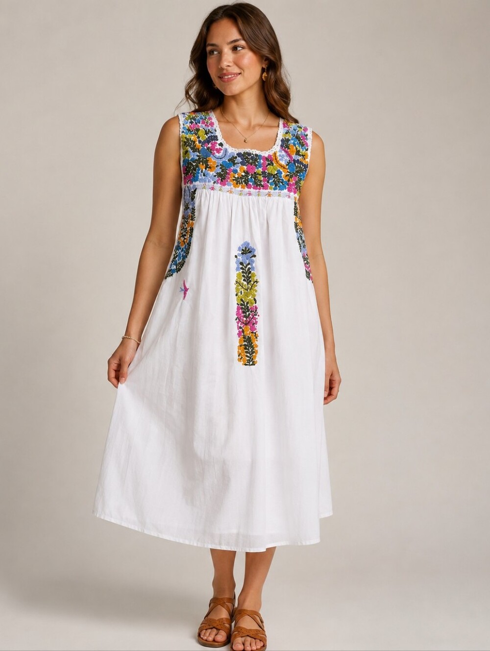 Mi Golondrina Mexico White Floral Embroidered Sleeveless Dress Size S